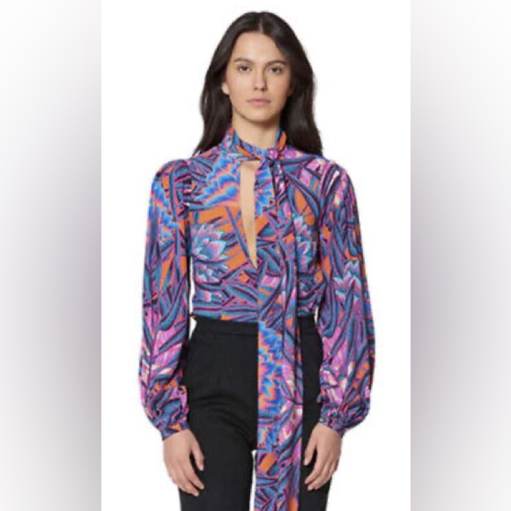 Mara Hoffman Herbarium Tie Neck Blouse in Persimmon, Plum, Blue Size Small EUC